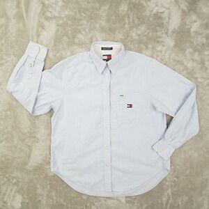 Tommy Hilfiger Vintage Button Up Shirt Women's 8 Oxford Blue White Stripe Preppy